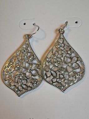 Time And Tru Silvertone Floral Teardrop Earrings with Rhinestone Accents